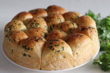 Yemek ruloları. Fırından yeni çıkmış, tereyağlı ev yapımı altın sarısı yemek ruloları. Kişniş yapraklarıyla birlikte beyaz arkaplanda çekilmiş