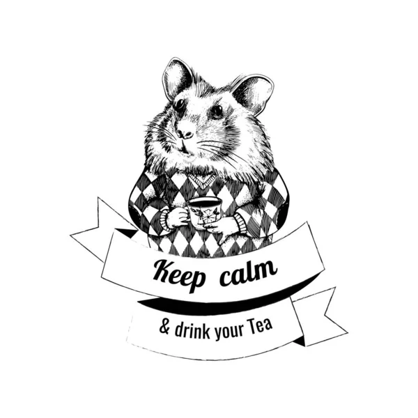 Portrait Hamster Sweater Drinking Tea Vector Illustration Animal Motivational Quotes — Stock Vector