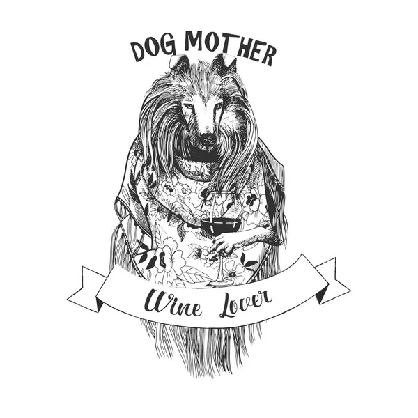 Porträt Eines Collie Hundes Menschlicher Kleidung Mit Einem Glas Wein — Stockvektor
