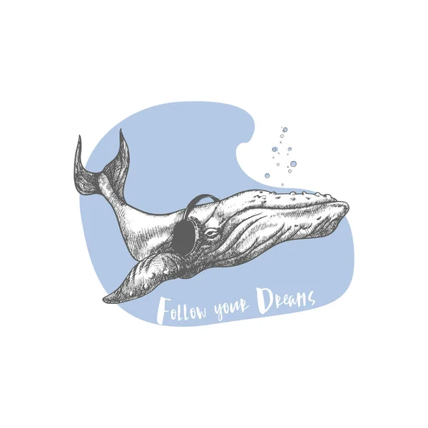 Baleine Dans Les Écouteurs Illustration Vectorielle Animal Les Citations Motivationnelles — Image vectorielle