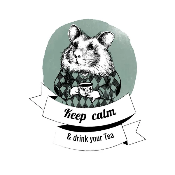 Portrait Hamster Dans Pull Buvant Thé Illustration Vectorielle Animal Citations — Image vectorielle