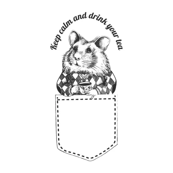 Portrait Hamster Dans Pull Buvant Thé Illustration Vectorielle Animal Citations — Image vectorielle