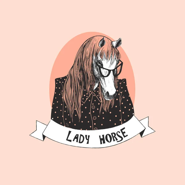 Porträt Eines Pferdes Mit Brille Und Frauenbluse Vektorillustration Des Tieres — Stockvektor