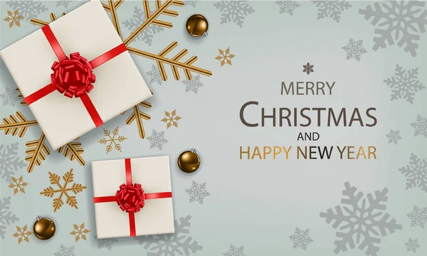 Boldog Karácsonyt Boldog Évet Ajándék Doboz Arany Szürke Hamis Szöveges — Stock Vector