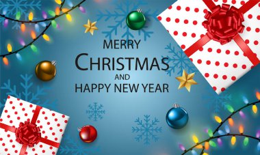 Mutlu noeller ve mutlu yeni yıl hediyesi kutusu siyah meşe ağacından tahta üzerinde Tatil festivali kutlama arkaplan illüstrasyonu için metin tasarımı ile.