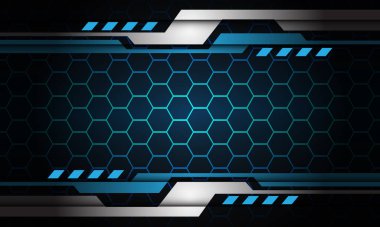 Soyut mavi altıgen örgü çizgisi gümüş geometrik siber gölge tasarımı modern fütüristik teknoloji arka plan vektörü