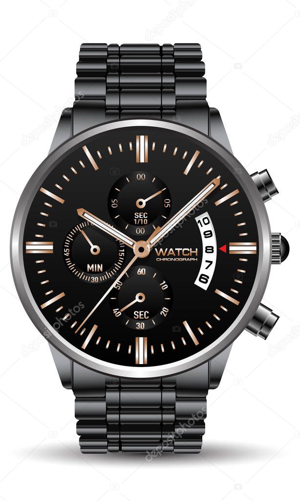 Realistic clock watch grey stainless steel black gold face luxury for men on white background vector