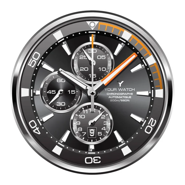 Realistische Zwarte Zilveren Oranje Klok Horloge Gezicht Chronograaf Luxe Witte — Stockvector