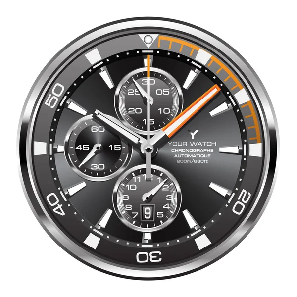 Reloj Realista Negro Plata Naranja Reloj Cara Cronógrafo Lujo Vector — Archivo Imágenes Vectoriales