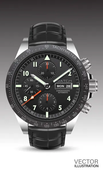 Montre Réaliste Horloge Chronographe Argent Noir Rouge Flèche Numéro Blanc — Image vectorielle