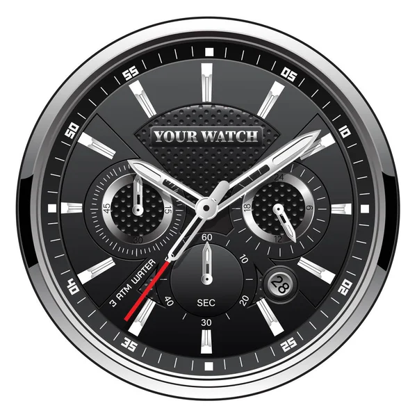 Realistische Zwarte Zilveren Horloge Wijzerplaat Chronograaf Luxe Witte Achtergrond Vector — Stockvector