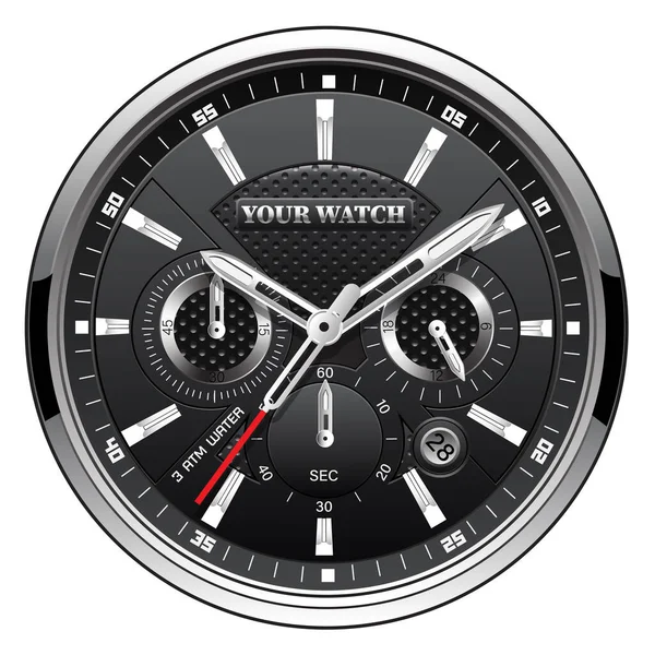 Reloj Plata Negro Realista Cara Cronógrafo Lujo Vector Fondo Blanco — Vector de stock