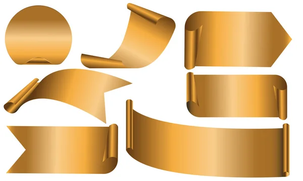Set Nastri Striscioni Oro Rotoli Carta Adesivi Rotondi Vettore Sfondo — Vettoriale Stock