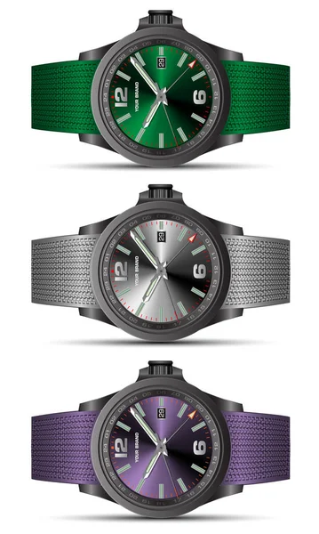 現実的な時計は 男性のためのクロノグラフグリーンシルバーパープルスチールファブリックストラップコレクションを見て白の背景オブジェクトベクトル上の贅沢 — ストックベクタ