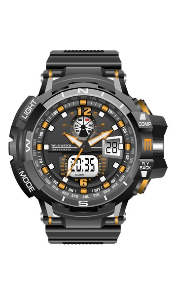 Realistic Black Clock Watch Sport Chronograph Digital Men Design Modern — стоковый вектор