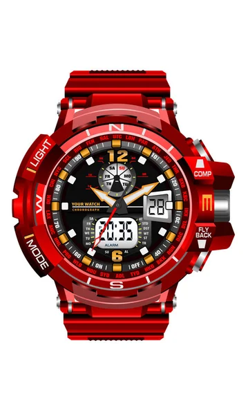 Realistic Red Clock Watch Sport Chronograph Digital Men Design Modern — Stock Vector