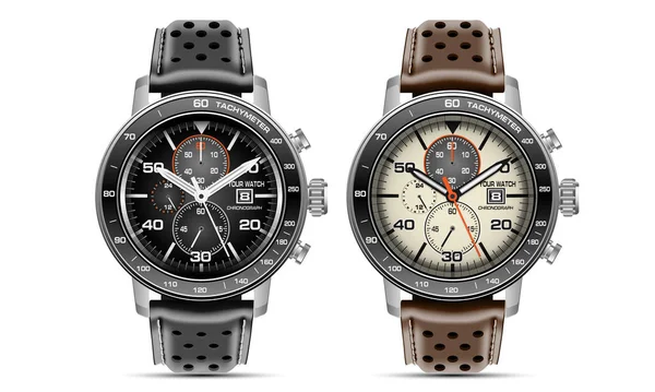 Realistyczny Zegarek Chronograf Metalowy Skórzany Pasek Czarny Brązowy Kolekcja Biały — Wektor stockowy