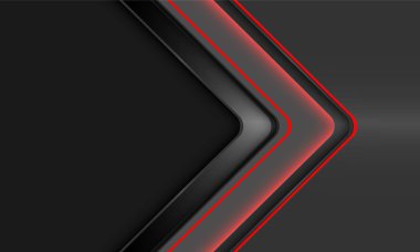 Gri metalik boşluk tasarımı üzerinde soyut kırmızı neon ışıklı ok yönü geometrik modern fütüristik arkaplan vektörü