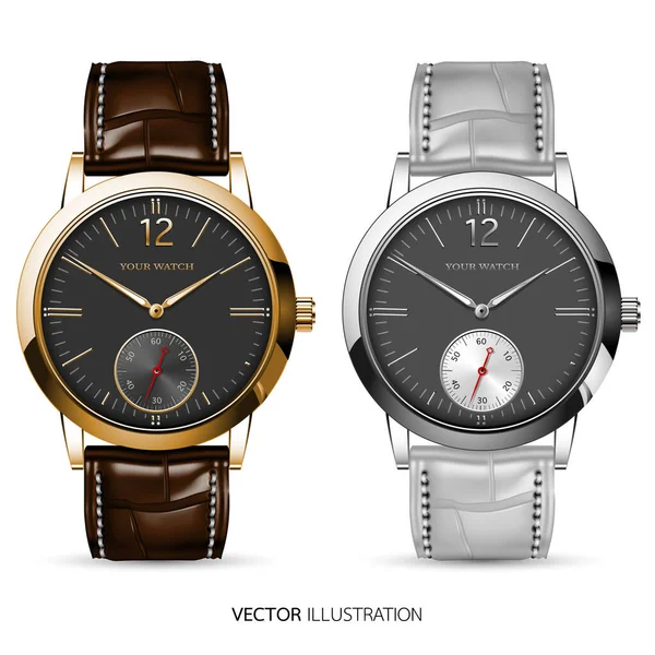 Realistic Watch Clock Chronograph Collection Gold Silver Metallic Arrow White — Stock Vector