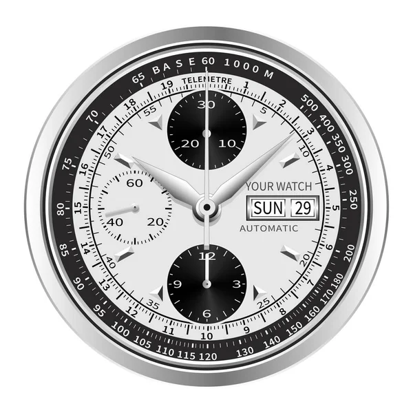 Realistico Nero Argento Orologio Bianco Faccia Cronografo Lusso Isolato Vettore — Vettoriale Stock