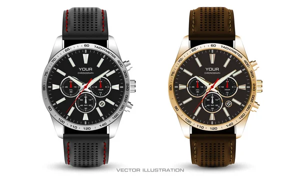 Realistyczny Zegarek Chronograf Srebrny Złoty Skórzany Pasek Czarny Brązowy Kolekcja — Wektor stockowy