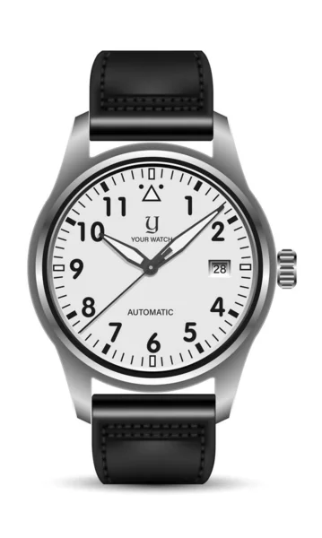 Realistic Watch Clock Silver Leather Strap Black White Design Classic — Stock Vector