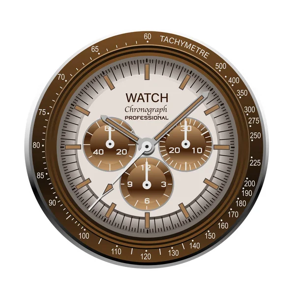Orologio Realistico Cronografo Quadrante Acciaio Faccia Marrone Sfondo Bianco Vettoriale — Vettoriale Stock