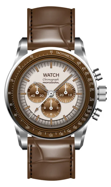 Réaliste Montre Horloge Argent Brun Visage Flèche Numéro Avec Bracelet — Image vectorielle