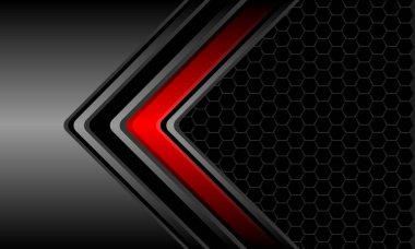 Soyut kırmızı gri metalik ok yönü siyah altıgen ağ tasarımı modern fütüristik teknoloji arka plan vektörü