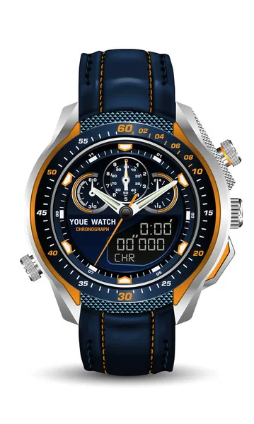 Reloj Naranja Azul Realista Reloj Plata Correa Cuero Negro Diseño — Vector de stock