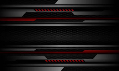 Koyu gri siyah altıgen örgü üzerine soyut kırmızı siber gri metalik geometrik modern teknoloji fütüristik arkaplan vektörü. 