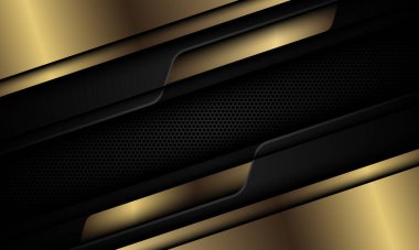 Siyah altıgen örgü üzerine soyut altın siber gri metalik geometrik tasarım modern teknoloji fütüristik arka plan vektörü