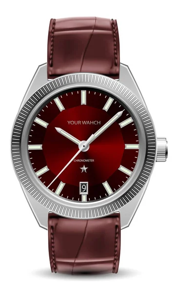 Realistyczny Zegarek Srebrny Skórzany Pasek Czerwony Białym Wzornictwie Klasyczny Wektor — Wektor stockowy