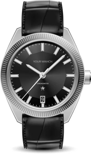Realistic Watch Silver Leather Strap Black White Design Classic Luxury — 图库矢量图片