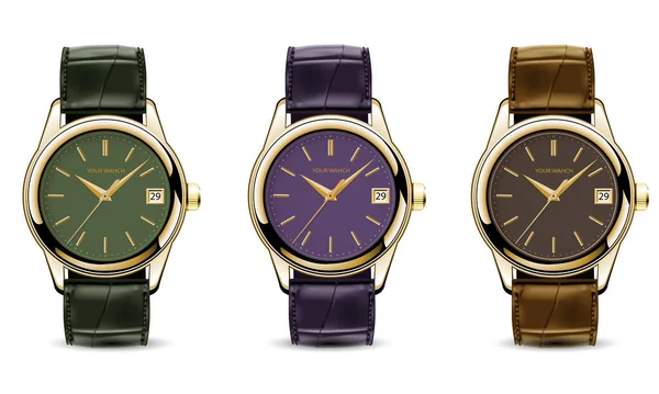 Realistic Watch Clock Gold Leather Strap Green Purple Brown Collection — Stok Vektör