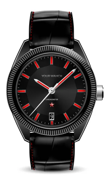 Realistyczny Zegarek Czerwony Srebrny Czarny Twarz Skórzany Pasek Biały Design — Wektor stockowy