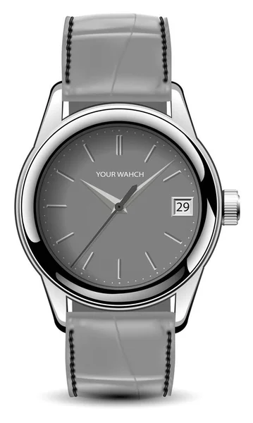 Realistyczny Zegarek Szary Srebrny Skórzany Pasek Białym Wzornictwie Klasyczny Wektor — Wektor stockowy