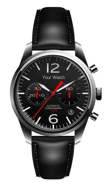 Realistic Wristwatch Chronograph Grey Steel Black Leather Red Arrow White — Wektor stockowy