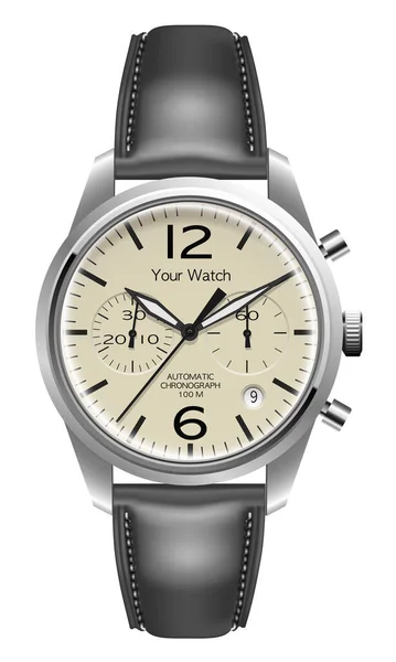 Realistic Wristwatch Chronograph Silver Grey Leather White Background Design Luxury — Wektor stockowy
