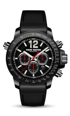 Realistic watch clock chronograph black face red arrow with leather strap on white design classic luxury fashion for men vector 