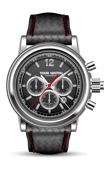 Realistic Vector Watch Clock Chronograph Silver Black Face Red Arrow — 图库矢量图片