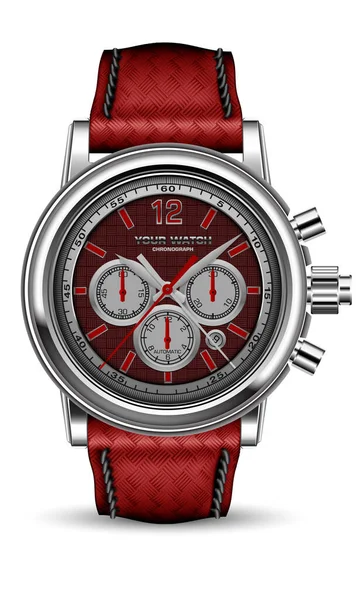 Realistic Vector Watch Clock Chronograph Silver Metal Red Face Arrow — Stock Vector