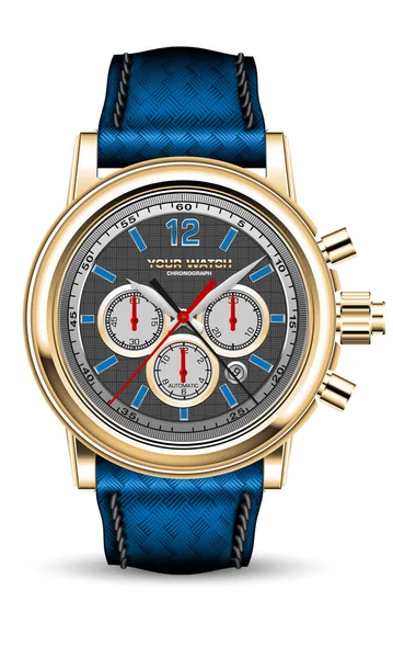 Realistic Vector Watch Clock Chronograph Gold Blue Metal Face Red — Archivo Imágenes Vectoriales