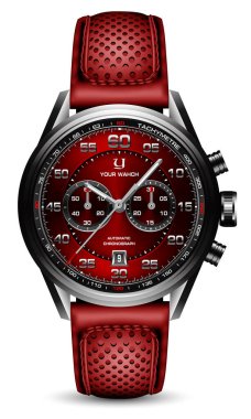 Realistic clock watch sport chronograph black silver red steel leather strap for men luxury on white background object vector 