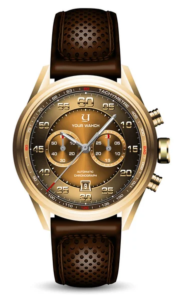 Realistic Clock Watch Sport Chronograph Gold Red Steel Brown Leather — Stockvektor