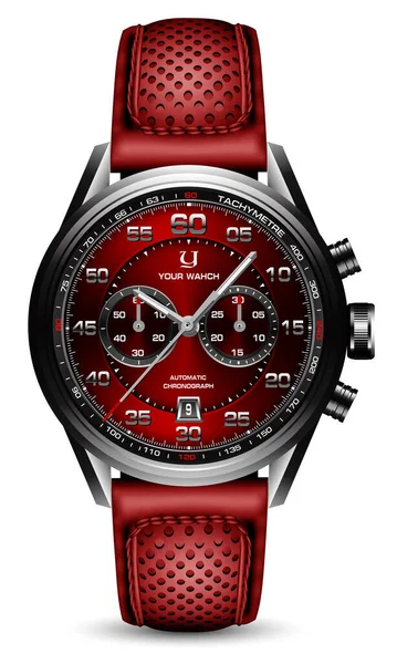 Realistic Clock Watch Sport Chronograph Black Silver Red Steel Leather — Stockvector