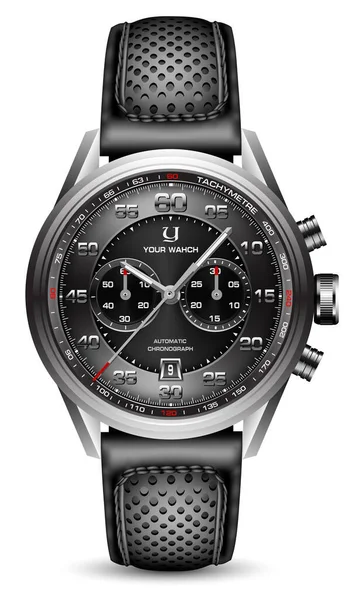 Realistyczny Zegar Zegarek Sport Chronograf Czarny Srebrny Czerwony Stal Dla — Wektor stockowy