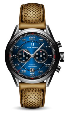 Realistic clock watch sport chronograph black blue steel yellow leather strap for men luxury on white background object vector