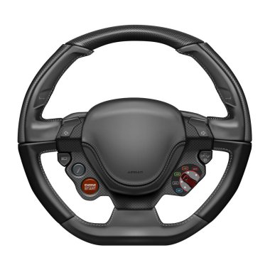 Realistic vector steering wheel supercar auto parts for steering direction control covered with gray leather and black kevlar pattern with control mode on a white