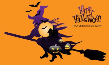 Cadılar Bayramı 'nız kutlu olsun. Parti partisi afişi. Turuncu tasarımda mor cadı. 